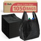 Reli. T-shirt Plastic Bags | 1,050 Pack | Black Plastic Bags with Handles (Plain) | Ideal for Grocery, Shopping, Food Take Out/To Go, Small Business