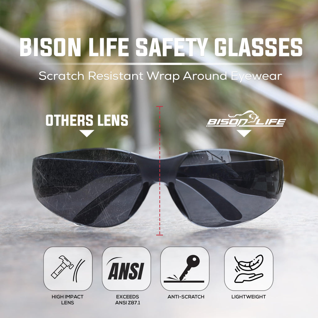 BISON LIFE BLack Safety Glasses - 12 Pairs of Scratch Resistant Eyewear, Polycarbonate Impact Resistant Lens