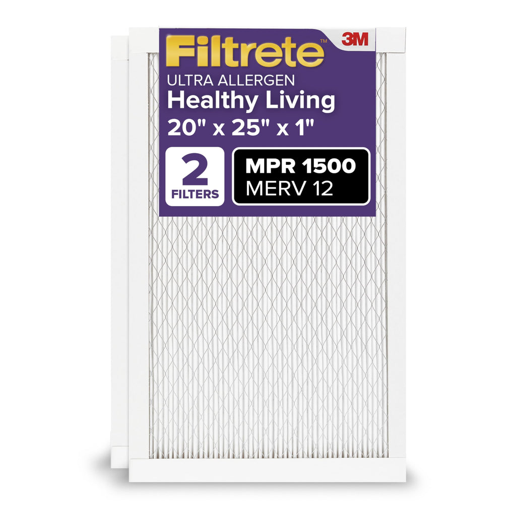 Filtrete 20x25x1 Air Filter, MERV 12, MPR 1500, Allergens, Bacteria & Viruses, 3-Month AC and Furnace Filters, Cleaner Air, Reliable Airflow, 2 HVAC Filters (Actual Size 19.62 x 24.62 x 0.78 in)