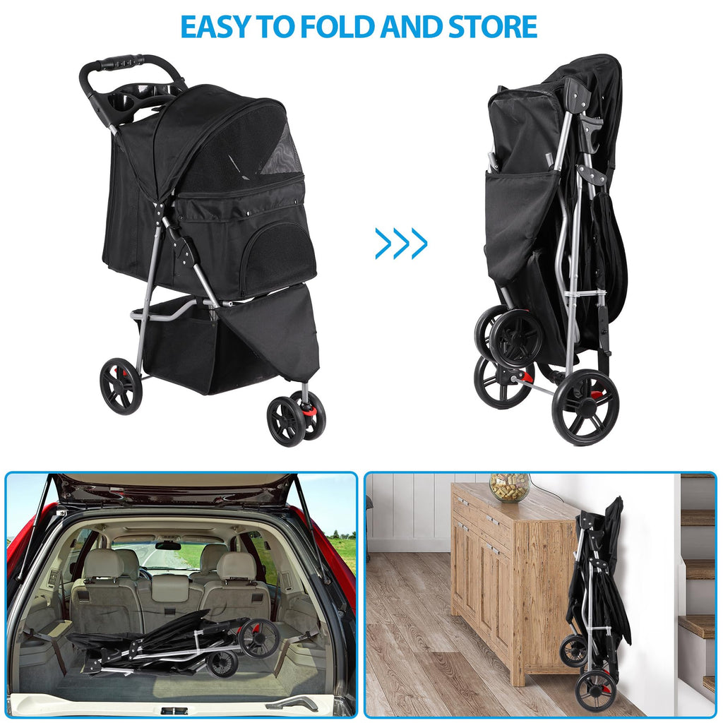 Foldable Pet Stroller for Cats and Dogs 3 Wheels Carrier Strolling Cart with Weather Cover, Storage Basket + Cup Holder (Black)