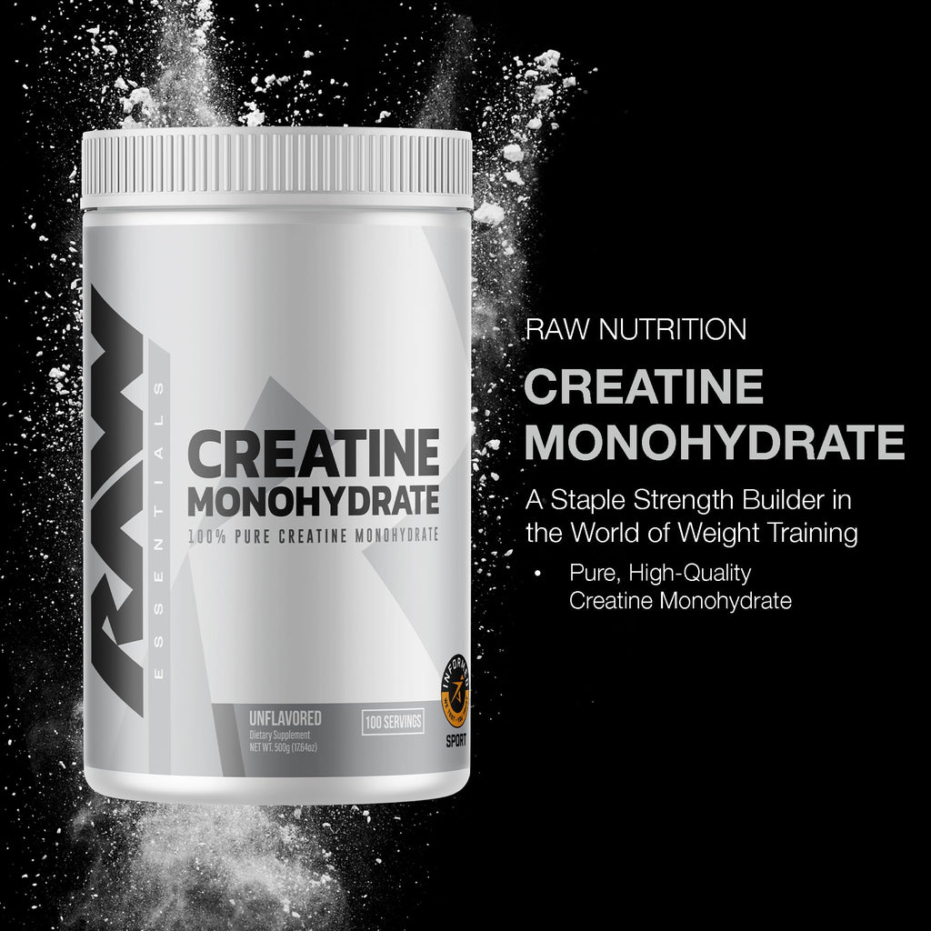 RAW Nutrition Creatine Monohydrate Powder, Unflavored (100 Servings) - Micronized Creatine Monohydrate Supplement for Workout Performance, Build Muscle & Strength - Creatine Powder for Men & Women