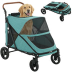 PawHut Dog Stroller for Large Dogs, One-Click Folding 4 Wheel Large Pet Stroller Wagon for Multiple Pets, All Terrain Spring Suspension w/ 8-Position Adjustable Handle, Mesh Window, Up to 66 LBS, Teal