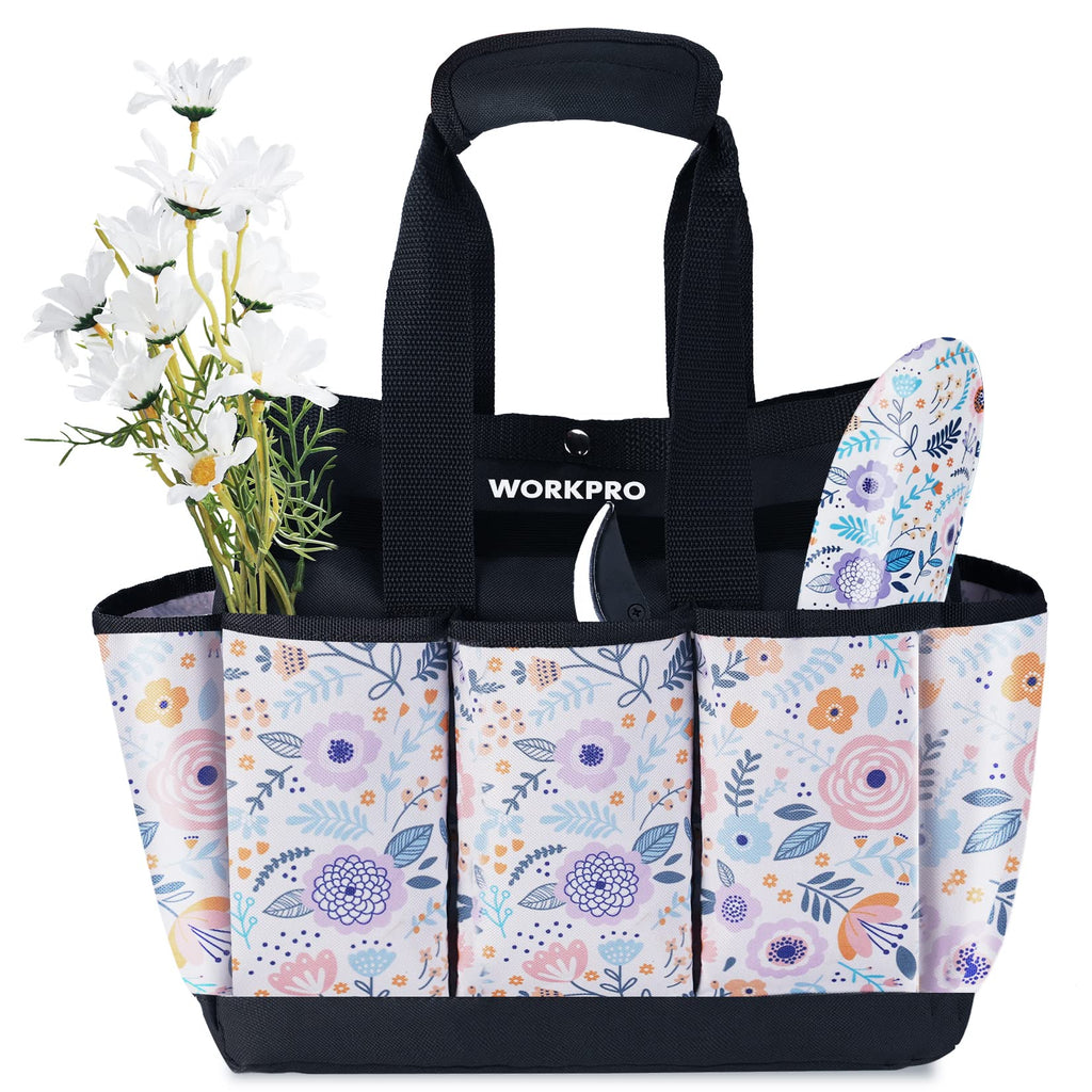 WORKPRO Garden Tool Bag, 9 Pockets Gardening Bag, Heavy Duty Oxford Garden Tote Caddy (Tools NOT Included), 12" x 12" x 6" (Floral White)