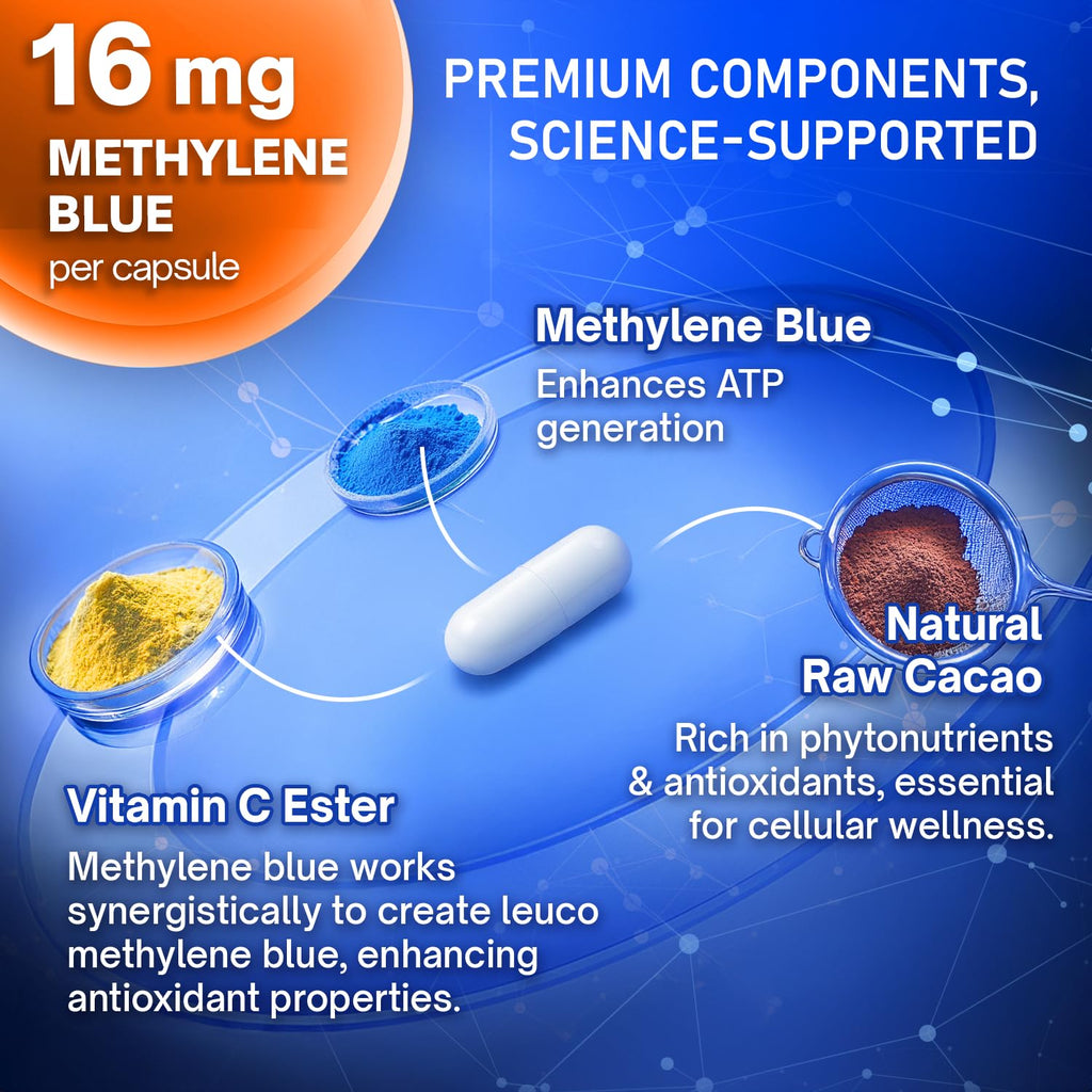 FloraBliss 120 Methylene Blue Capsules (16 mg), with Cacao, Vitamin C Ester