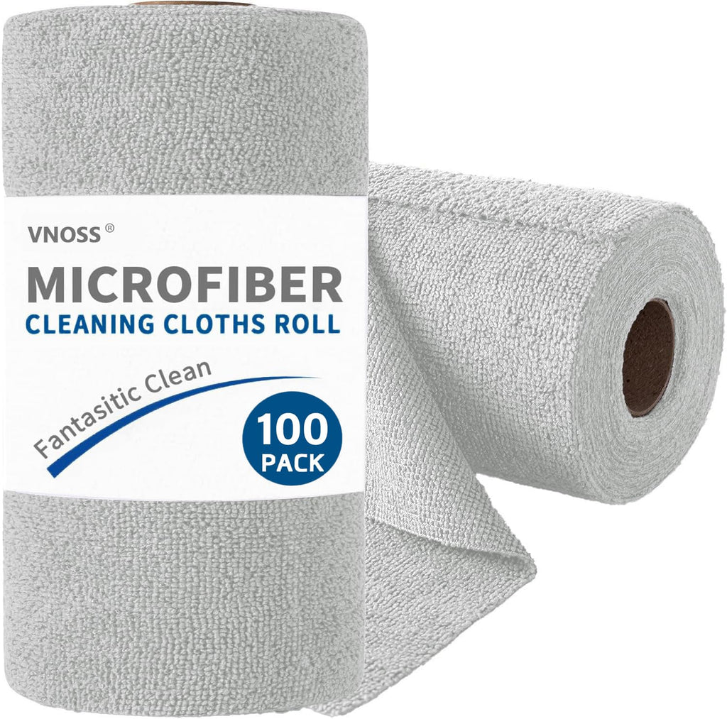 Vnoss 100 Pack Microfiber Cleaning Cloth Roll, Tear Away Reusable Towels, 11" X 9", Ultra Absorbent & Lint Free Cloth for Cars, Kitchen, Window, Home and Shop, Gray