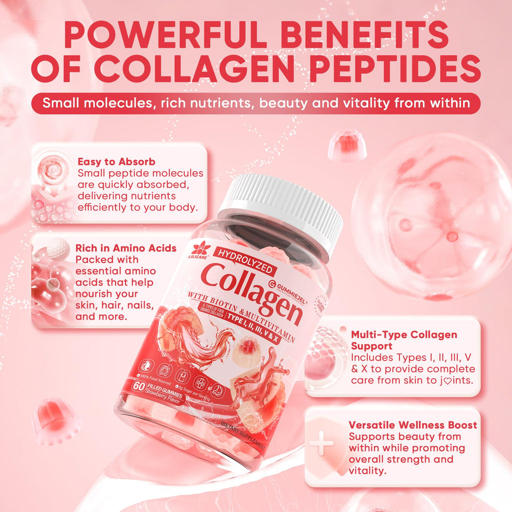 2Pack Sugar-Free Hydrolyzed Collagen Peptide Filled Gummies for Women & Men, with 1500mg Protein Type I,II,III,V,X, 5000mcg Biotin Vitamin C A E D3 B6 B12 for Immune Digestion Skin Hair Nails, Bone