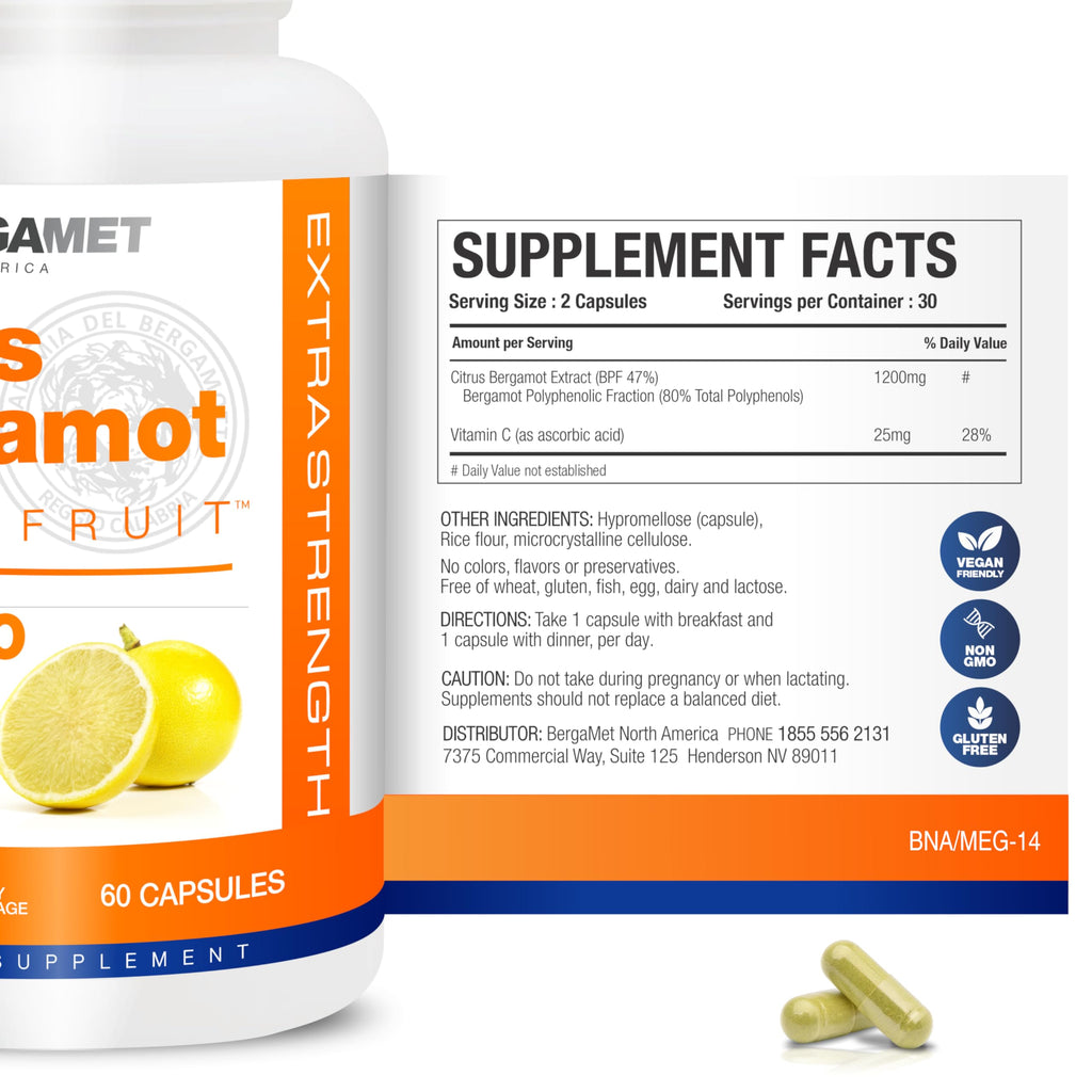 BergaMet Citrus Bergamot Supplement, 170:1 Extract, 1200mg per Serving, 80% Polyphenols, Italian Citrus Bergamot, 180 Capsules, 3 Months, Made in the USA