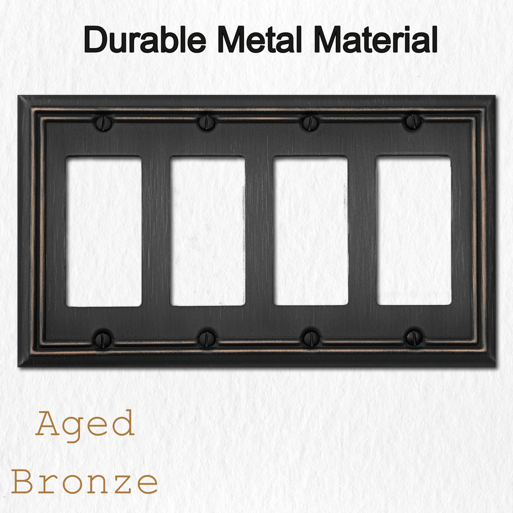 OKAWYC Quadruple Decorator Light Switch Cover Adler Metal Wall Plate, 2-Pack Aged Bronze 4 Gang Quadruple Rocker, for Receptacle Dimmer Switch GFCI Outlet, Switch Cover Decorative Wallplate, Durable