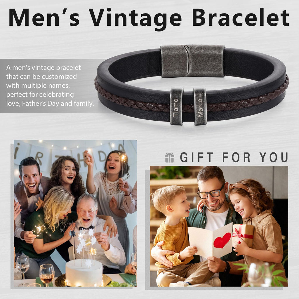 Personalized Custom Name Bracelets for Men - Mens Leather Bracelet with 2-5 Kids Names Customized Gifts for Dad Husband Son (2 names)