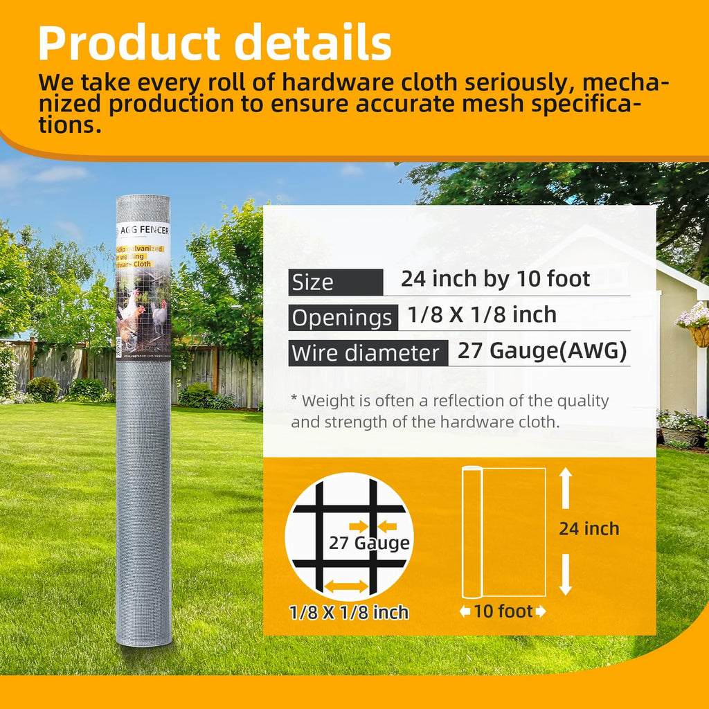 AggFencer 24in x 10ft Hardware Cloth 1/8 inch 27Ga Hot Dipped Galvanized After Welding, Chicken Coop Wire Fence, Welded Metal Fencing Roll Mesh for Bee Screen Garden Plant Poultry Animal Netting Cage