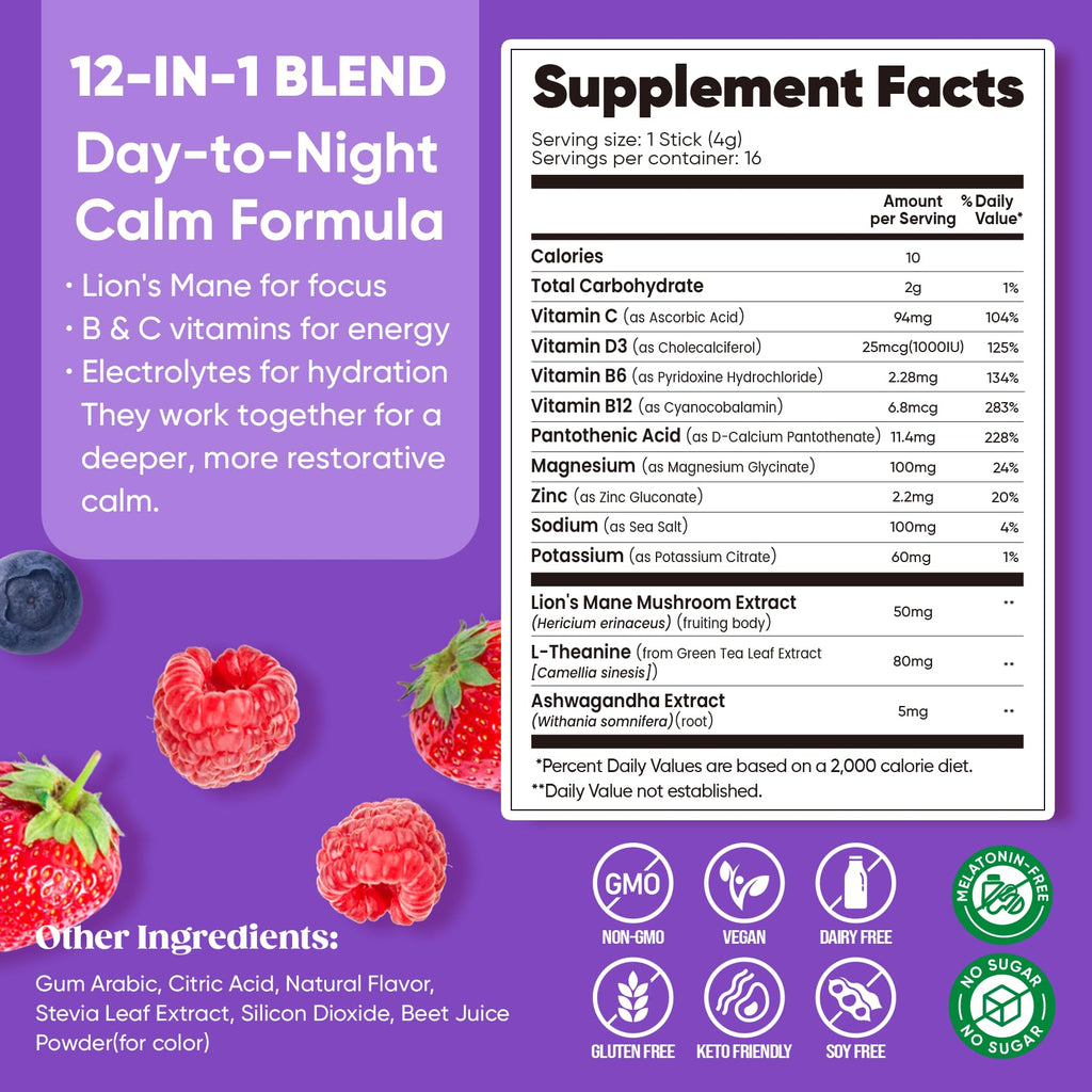 Venture Pal Calm Drink Mix, 12-in-1 Cortisol Reducer and Sleep Aid with Magnesium Glycinate, Ashwagandha, L-Theanine,Vitamin D, Calm Magnesium Powder for Relax & Focus, No Sugar, Non GMO