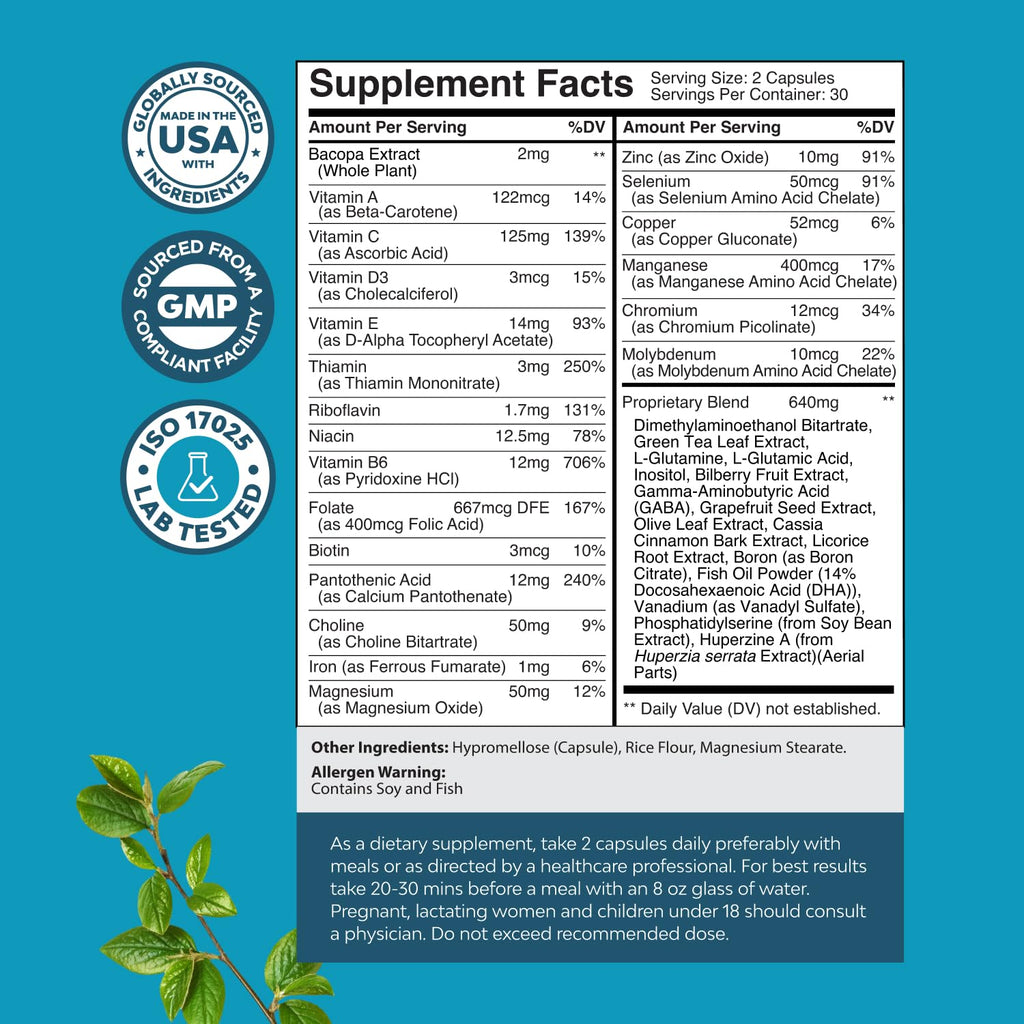 Nootropic Brain Supplement for Memory and Focus Support - Vitamins for Mental Support & Clarity with Bacopa Monnieri, VIT A, B6, Riboflavin, Niacin, Thiamin & Folate - Cognitive Complex - 60 Ct