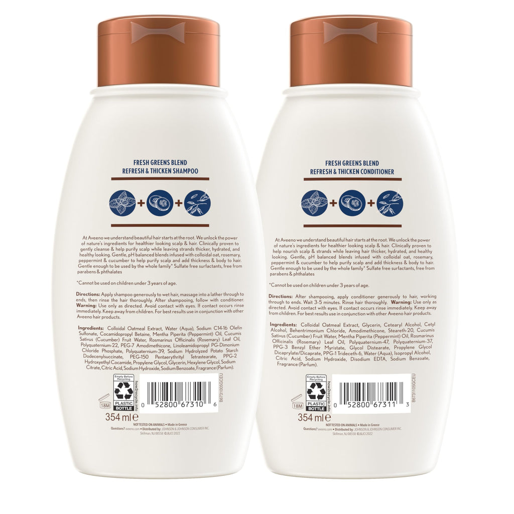 Aveeno Fresh Greens Shampoo + Conditioner with Rosemary, Peppermint & Cucumber for Strengthening & Nourish, Clarifying & Volumising Shampoo for Thin or Fine Hair, Paraben-Free, 12 ml