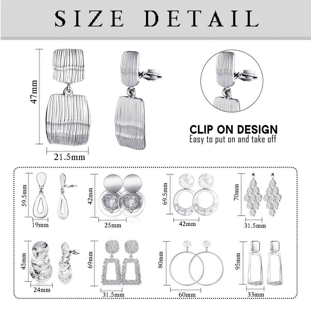 Subiceto 9 Pairs Silver Plated Clip on Earrings for Women Statement Clip On Earrings Large Geometric Square Rectangle Round Clip Dangle Earrings Non Pierced Earrings Set