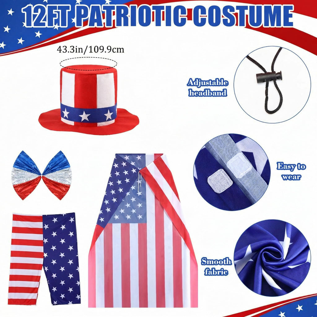 Cozypower 4 Pcs 4th of July 12 ft Skeleton Cloth Accessories, USA Flag Pattern Giant Skeleton Costume with Patriotic Hat, Cloak, Shorts and Bow Tie for Garden Lawn Decor 250th Anniversary Celebration