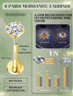 GEMQUEEN 8 PCS Moissanite ＆ G23 Titanium Flat Back Earrings Hypoallergenic