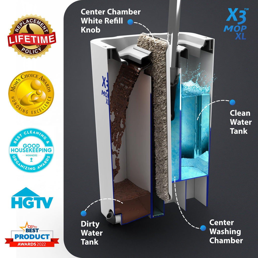 X3 Mop XL, Separates Dirty and Clean Water, 3-Chamber Design, Flat Mop and Bucket Set, Hands Free Home Floor Cleaning, 3 Reusable Microfiber Mop Pads Included (XL X3 Mop)