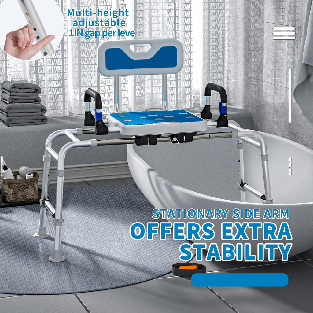 Drseats Sliding Shower Chair with Arms and Back, 500lbs Tub Transfer Benches with Non Slip Aluminum Body and Suction Cups Adjustable Height Bath Seats for Seniros Elderly Disabled or Bariatric Adults
