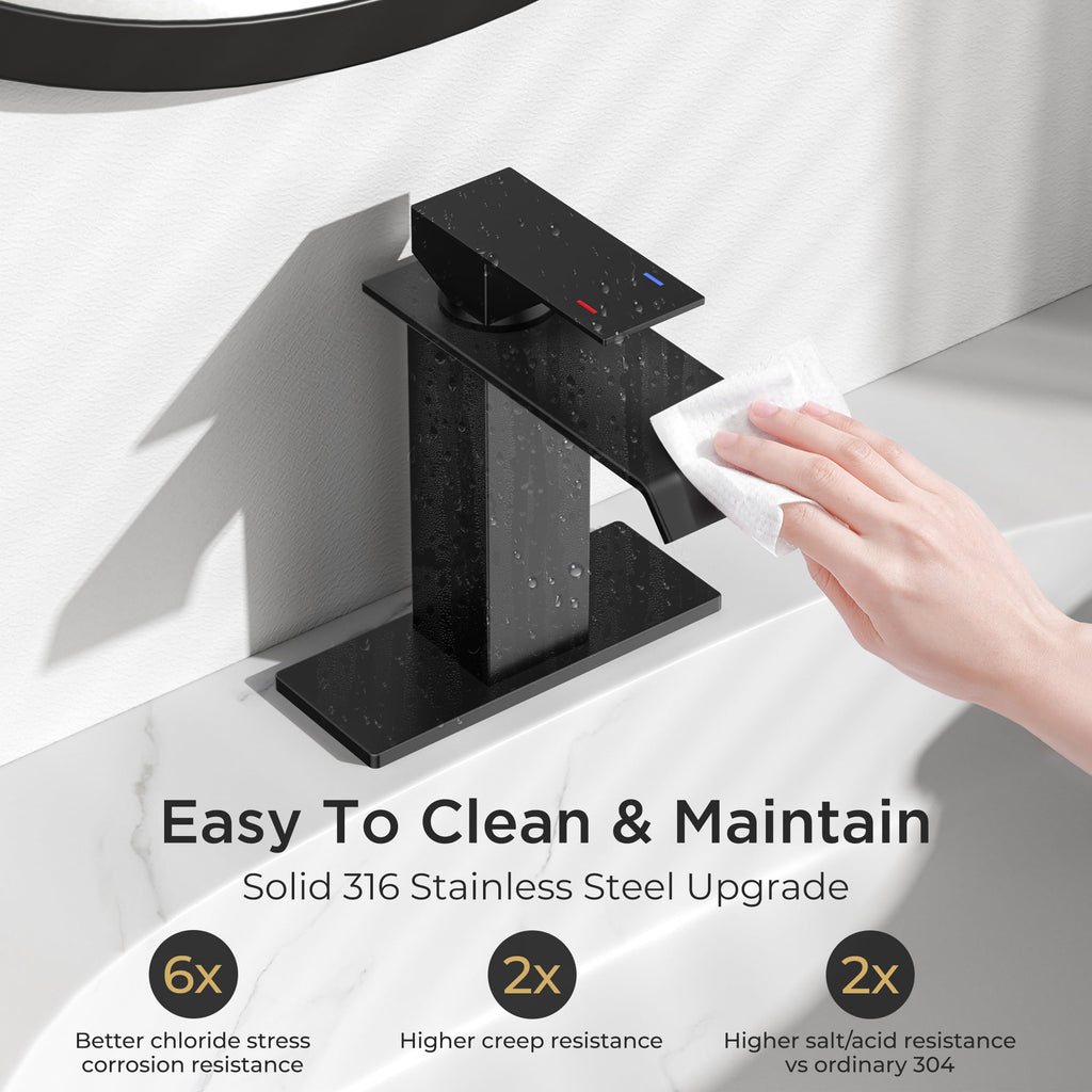FORIOUS Bathroom Faucet Matte Black Modern Waterfall Bathroom Sink Faucet 1 or 3 Hole Single Handle with Deck Plate and Drain, Suitable for Vanity Rv Camper Commerical