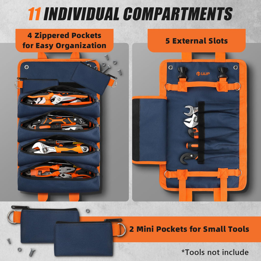 Tool Bag Roll Up, UUP Heavy Duty Rolled Empty Tool Storage Organization, Portable Foldable Rollup Organizer with 2 Small Pouches, Rollable Carrying Toolbag, Dad Men Mechanic Birthday Gift, Blue Orange