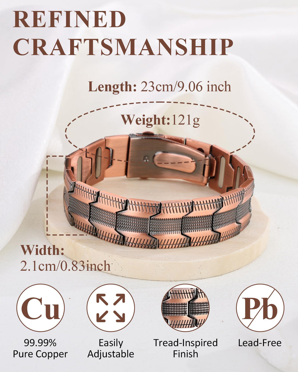 MagnetNova Ultra Strength Magnetic Bracelets for Men, 99.99% Pure Copper Bracelet with 5000 Gauss Magnets, Adjustable Size with Sizing Tool & Gift Box (Copper-21mm)