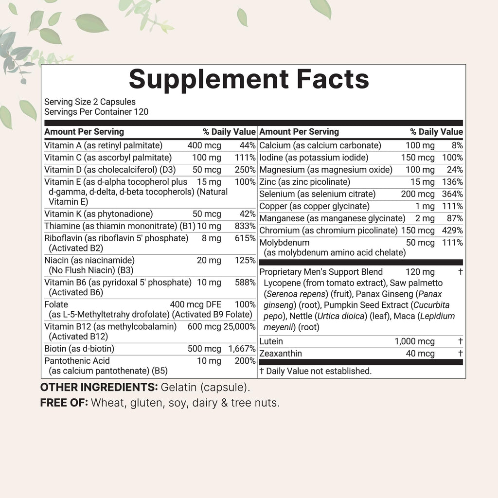 Micro Ingredients Pure Methylated Multivitamin for Men, 240 Capsules | with Vitamin C, D, E, B Complex + Methylfolate, lycopene, Saw Palmetto, Ginseng, & Maca | Men’s Daily Support | Filler Free