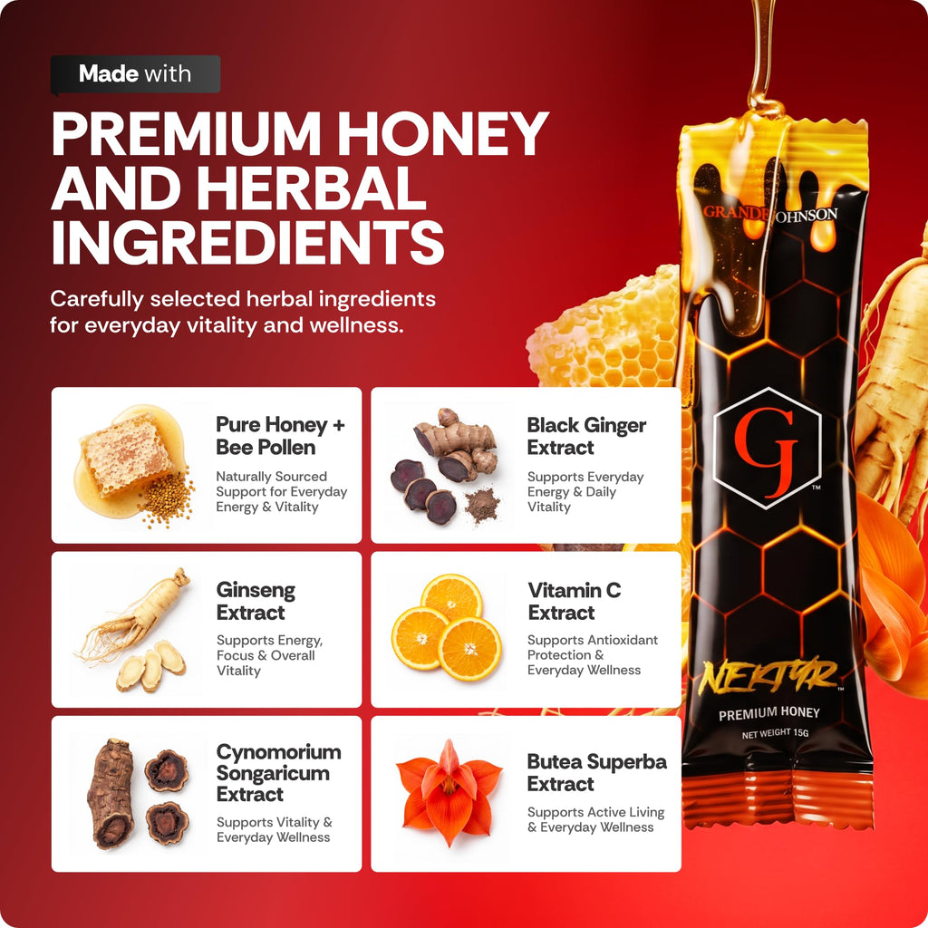 Grande Johnson - Nektyr - Organic Premium Natural Pure Honey with Jelly Bee Pollen - 15g (Pack of 3)
