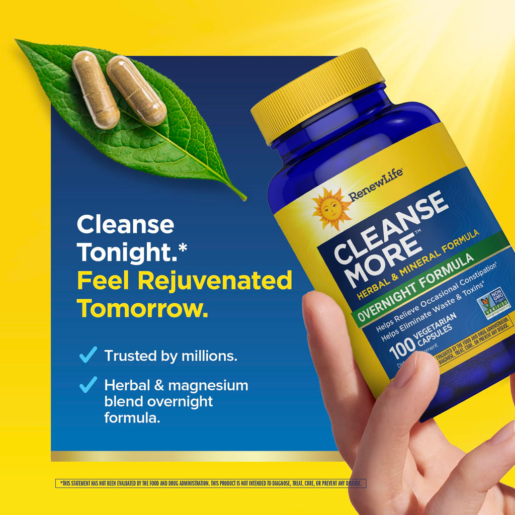 Renew Life Detox Cleanse More, Reduces Bloating and Restores Regularity, Overnight Constipation Relief, Soy, Dairy and gluten-free, 100 Capsules