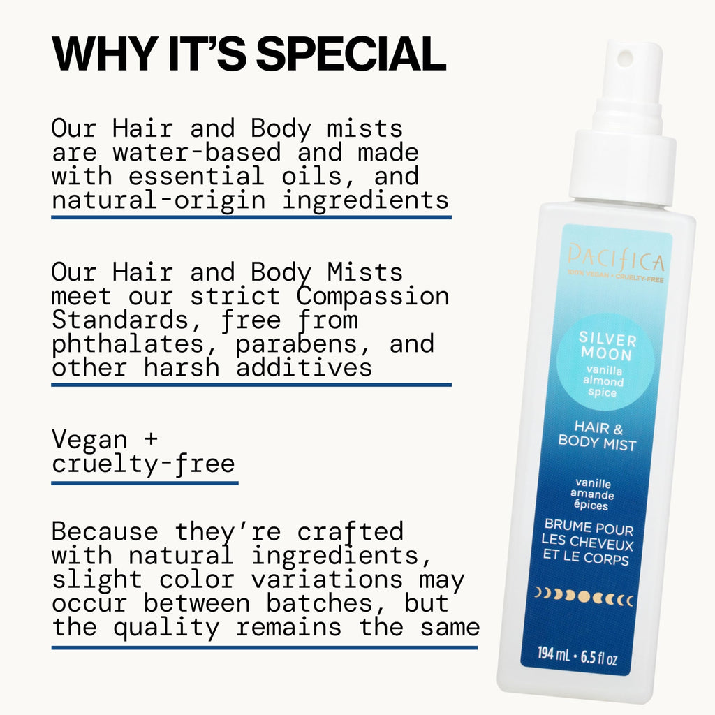Pacifica Hair Perfume & Body Fragrance Spray Mist - Silver Moon with Vanilla, Almond & Spice ��� Alcohol-Free, Vegan & Cruelty-Free, 6.5 oz