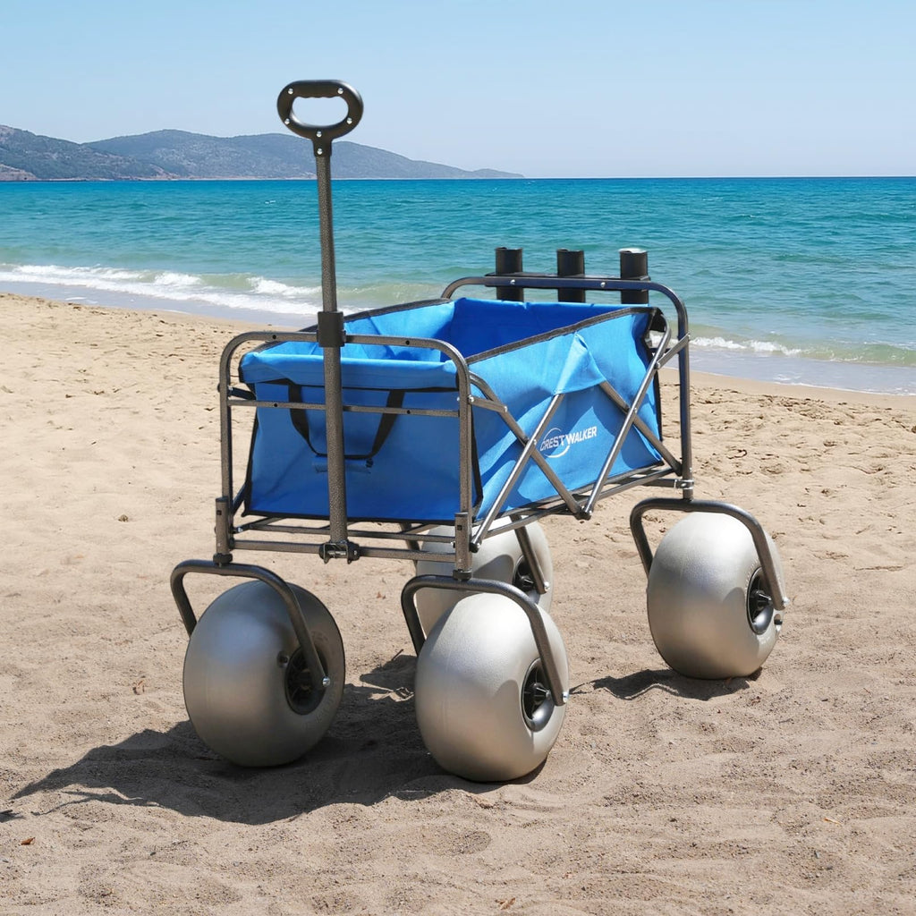 CRESTWALKER 13'' Balloon Wheel Fishing Cart with Rod Holders, Beach Wagon with Big Wheels for Sand, Folds Thin with Quick-Release Forks, Heavy Duty 300 lbs Capacity