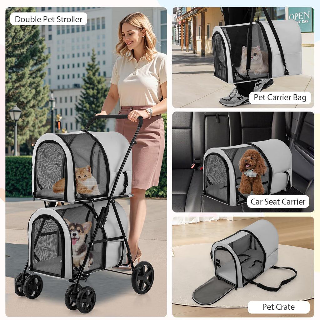 HAPPAWS Dog Stroller with 2 Detachable Carrier, Pet Stroller for Small Medium Dogs Cats, Jogger/Travel/Camping, 4-in-1 Doggy Pet Carrier, Carrier Strolling Cart with Lockable Wheels (Gray)
