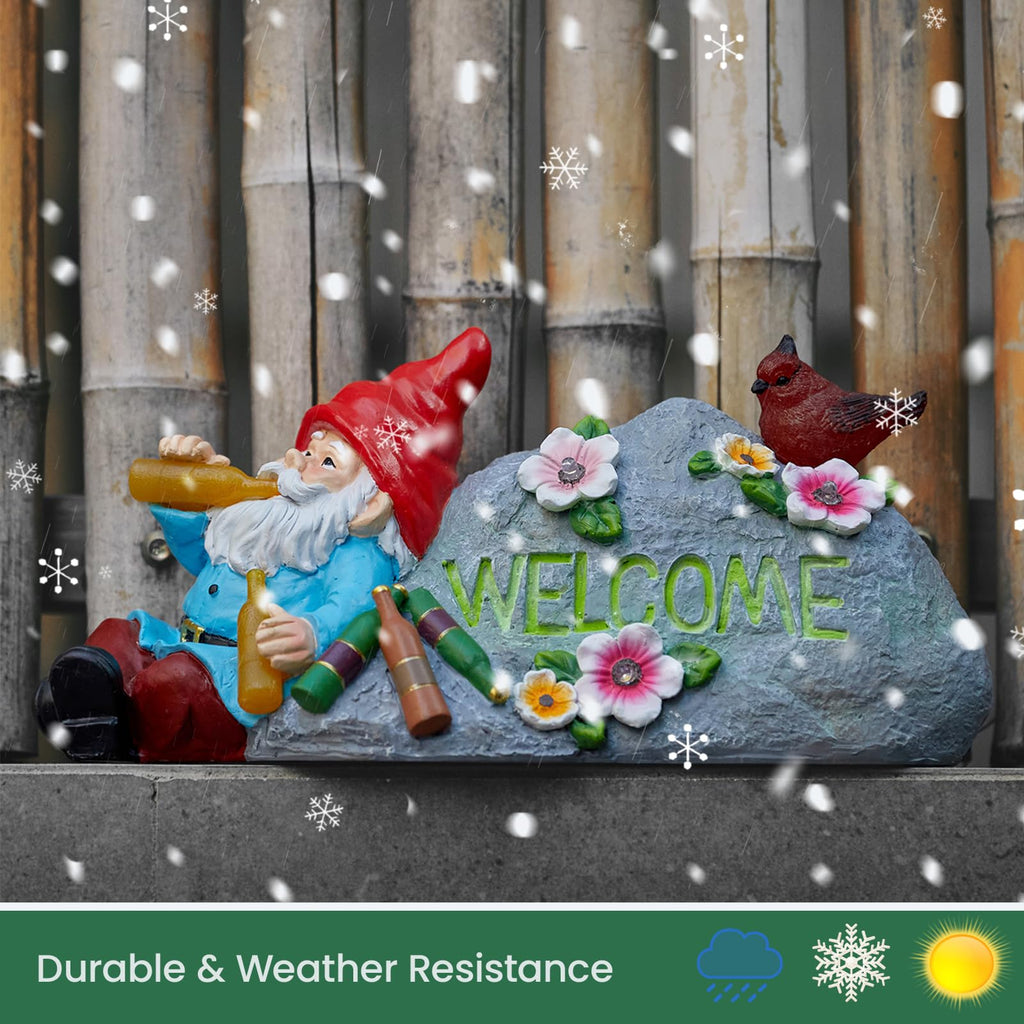 Elegondrar Funny Garden Gnomes Statue with Welcome, Solar Outdoor Gnomes Decorations for Yard, Patio, Lawn, Christmas Birthday Housewaming Gifts, for Dad, Men, Husband, Grandpa, 11.8 Inch, Resin