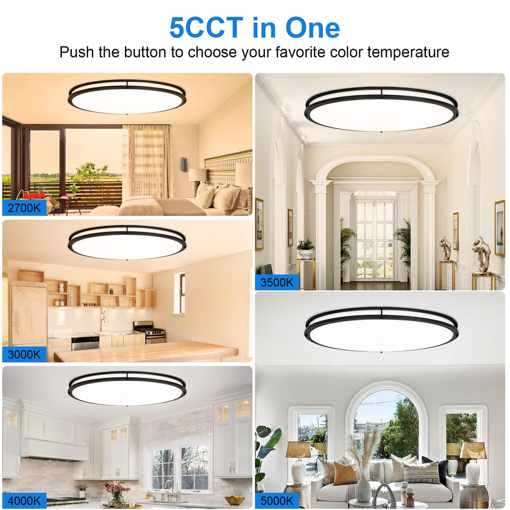 DLLT Flush Mount LED Ceiling Light: 32 Inch 5CCT (3000K-6000K) & Dimmable Ceiling Light Fixtures for Bedroom Hallway - 45W Modern Black Super Bright Kitchen Lighting Fixtures Ceiling