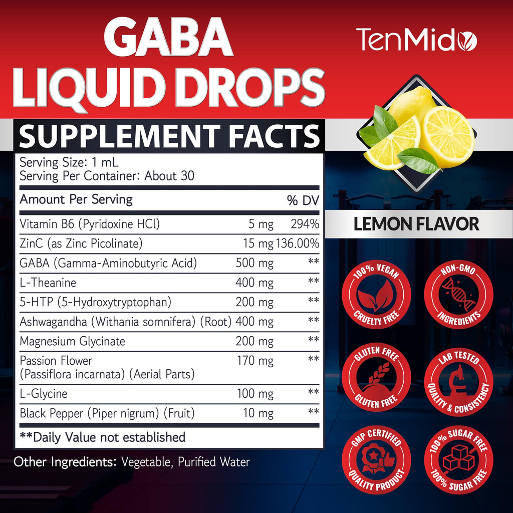 Tenmido 10in1 GABA L-Theanine Supplement Liquid Drops with 5-HTP, Ashwagandha, Magnesium Glycinate, Passion Flower, L-Glycine, Black Pepper and More - 30ml 1 Fl Oz