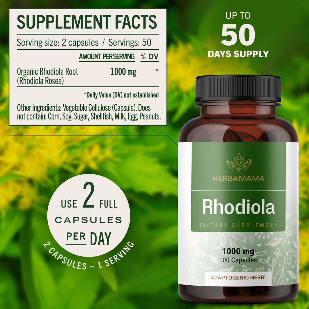 HERBAMAMA Rhodiola Rosea Supplement – Rhodiola Rosea Capsules for Stress Relief & Mental Focus Support* – 100 Vegan Capsules (50 Servings)