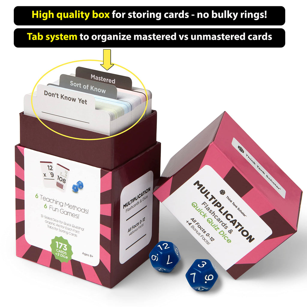 Think Tank Scholar 173 Multiplication Flash Cards + 2 Math Dice (Award Winning) All Facts 0-12 Answer on Back, for Kids in 2ND, 3RD, 4TH, 5TH, 6TH Grade Class or Homeschool - Games & Chart