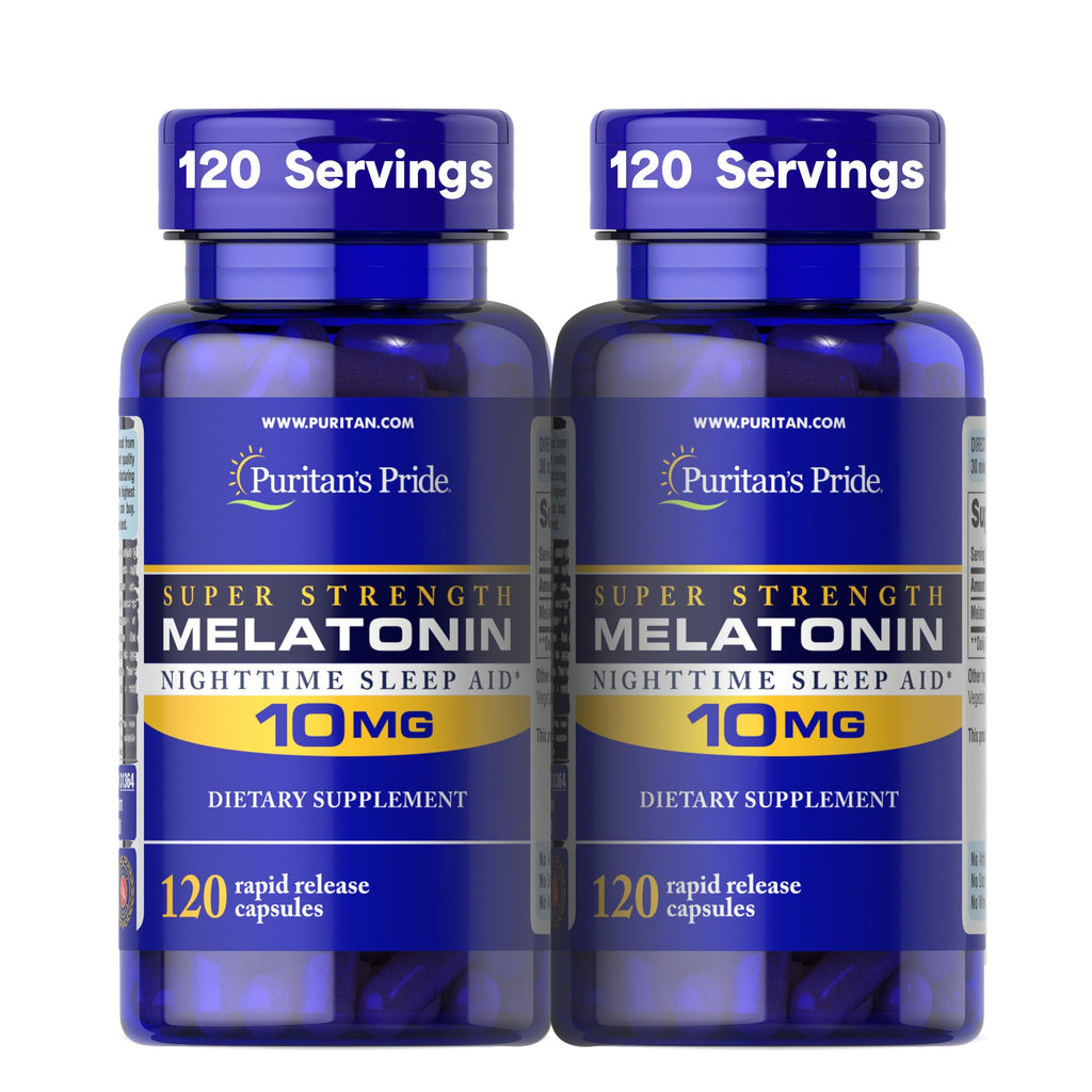 Puritan's Pride Premium Super Strength Melatonin 10mg Sleep Aid, Dietary Supplement for Sound, Restful, & Longer Sleep Support, 4 Month Supply, 120 Rapid Release Capsules, 2 Pack (Packaging May Vary)