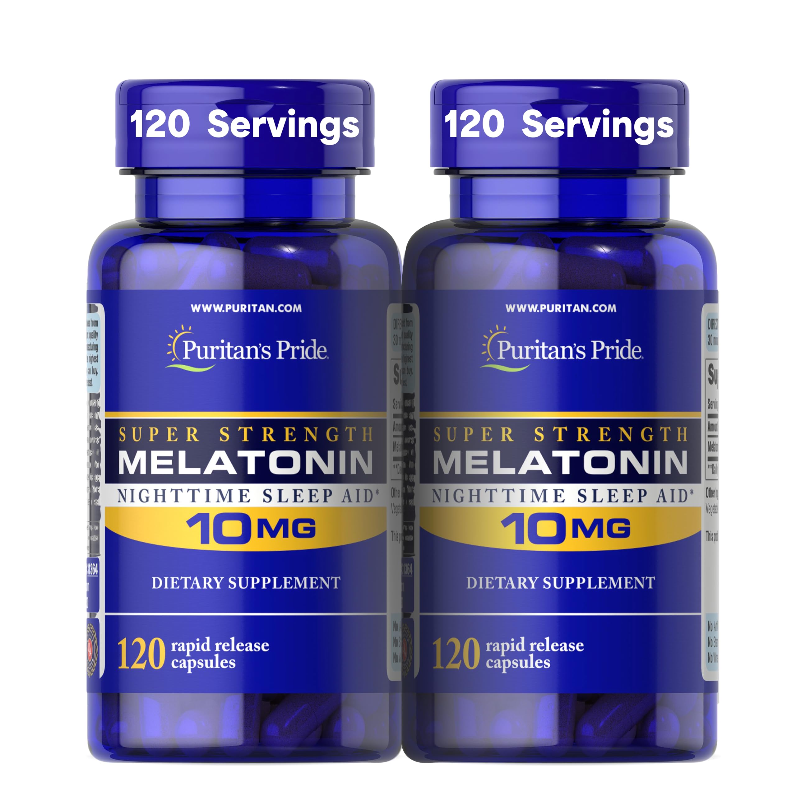 Puritan's Pride Premium Super Strength Melatonin 10mg Sleep Aid, Dietary Supplement for Sound, Restful, & Longer Sleep Support, 4 Month Supply, 120 Rapid Release Capsules, 2 Pack (Packaging May Vary)