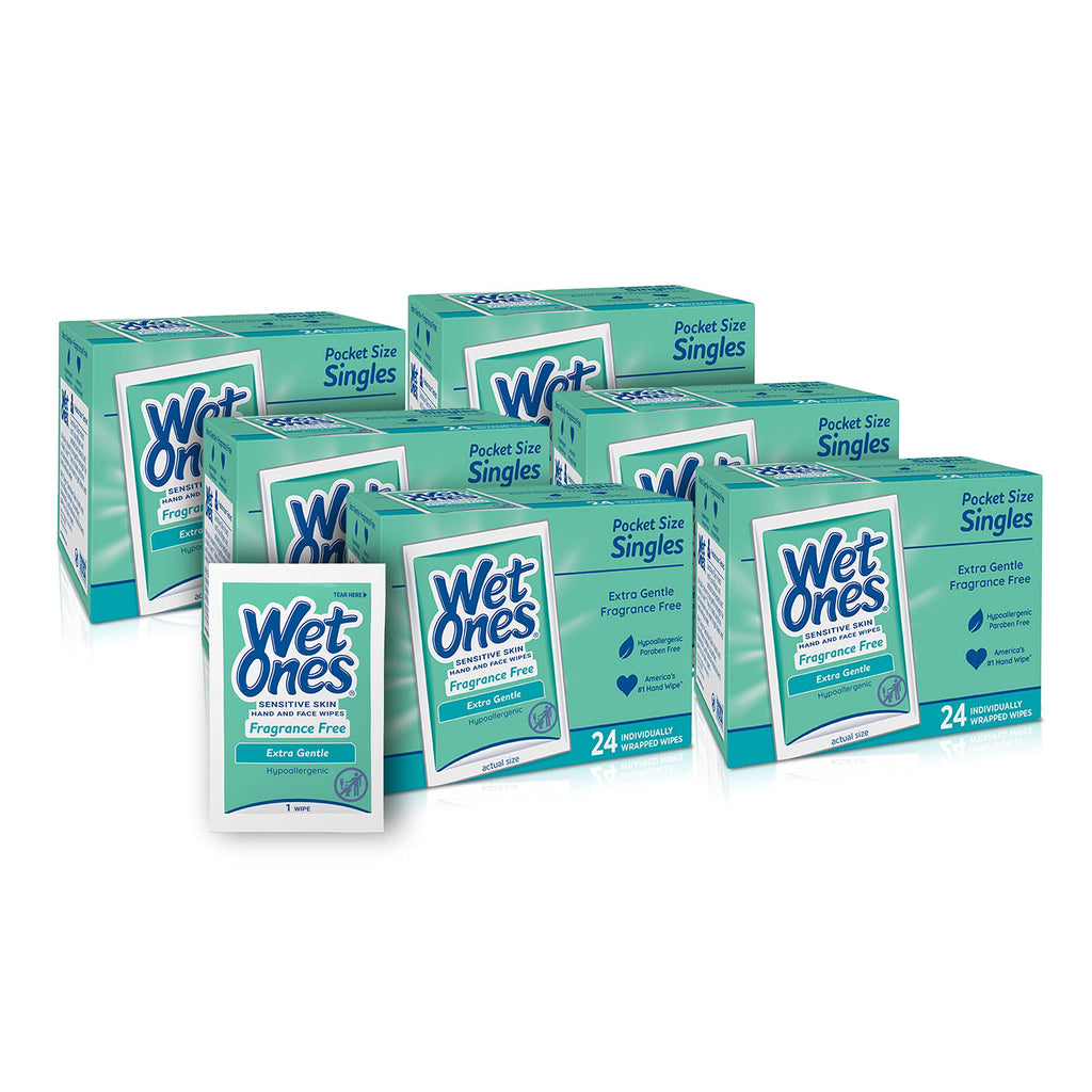 Wet Ones Hand and Face Wipes Singles,  Unscented Wipes for Sensitive Skin | Individual Wipes, Hand Wipes Individually Wrapped | 24 ct. (6 pack)