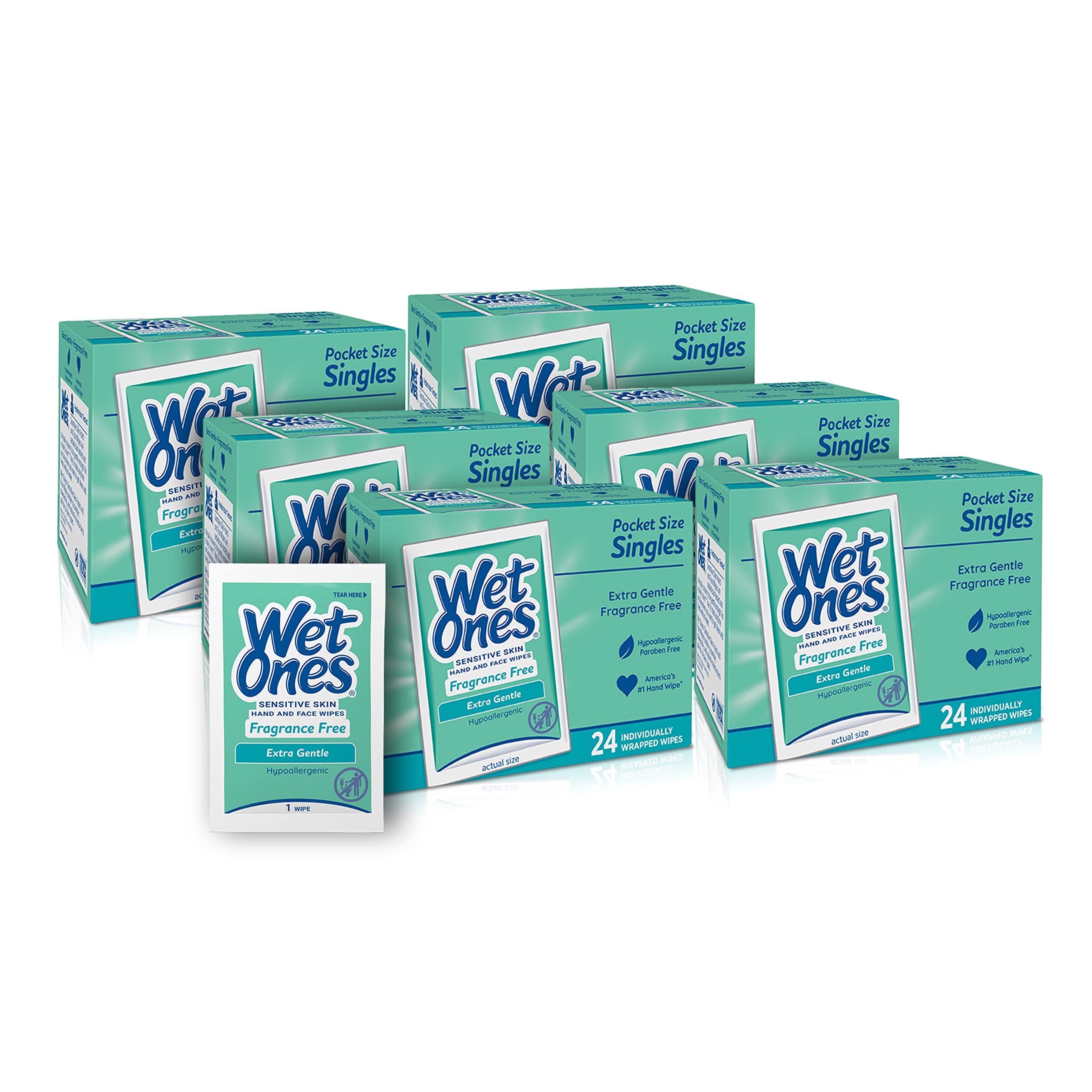 Wet Ones Hand and Face Wipes Singles,  Unscented Wipes for Sensitive Skin | Individual Wipes, Hand Wipes Individually Wrapped | 24 ct. (6 pack)