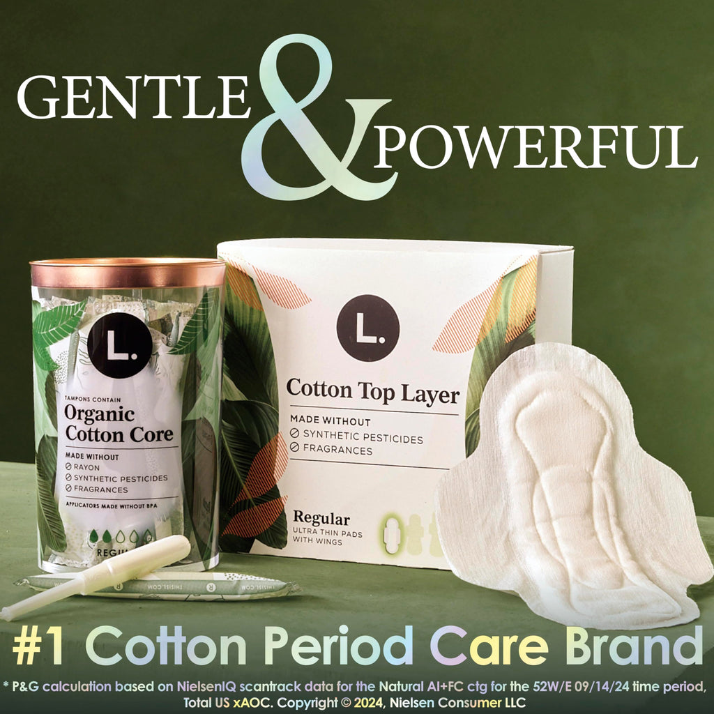 L. Ultra Thin Pads for Women, Overnight Absorbency, Organic Cotton Top Layer, Unscented Pads with Wings,96 Count (Pack of 2)