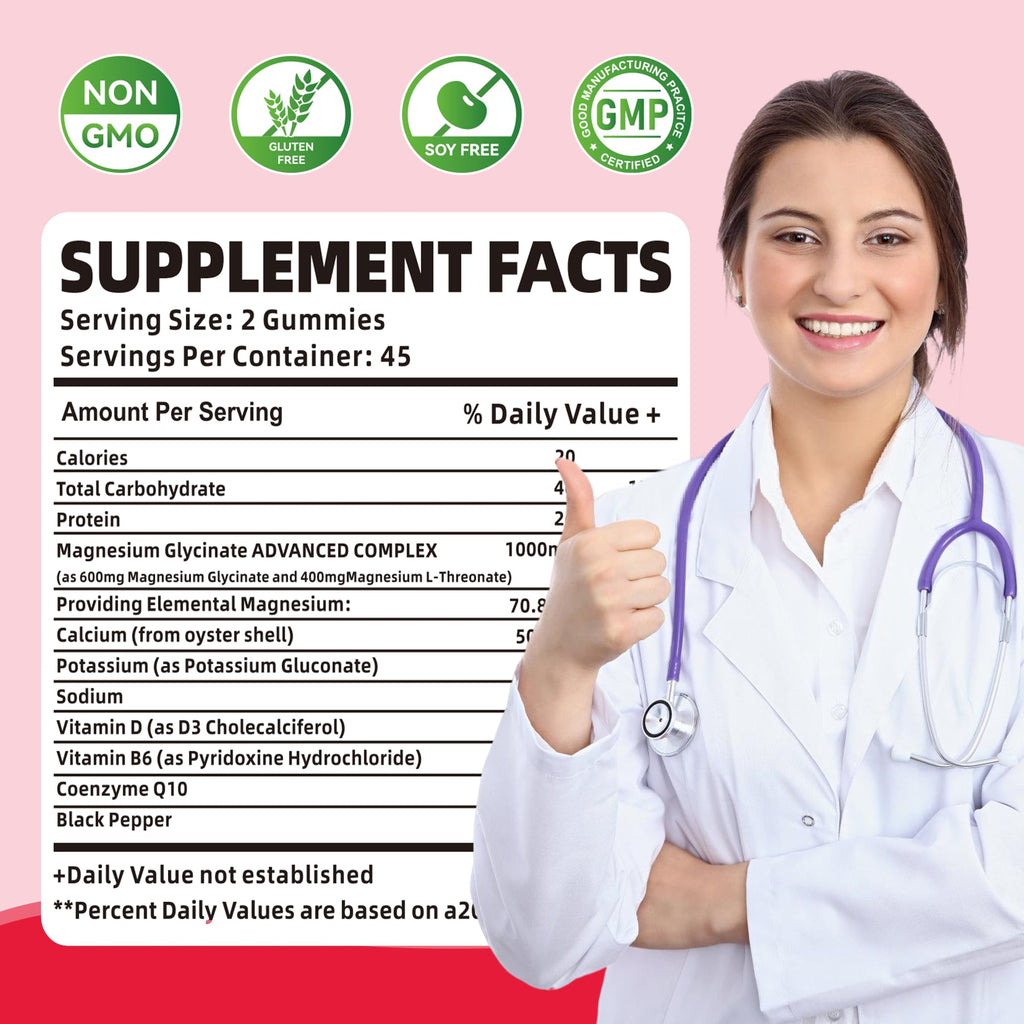180 CT Magnesium Glycinate Gummies 1000mg - Sugar Free Magnesium Potassium Supplement with Vitamin D, B6, CoQ10 for Calm Mood & Sleep Support - 180 Raspberry Gummies