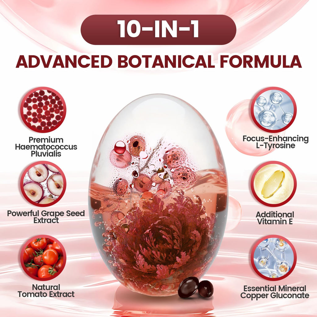 10 in 1 Astaxanthin Supplements 24mg, 4 Month Supply, Astaxantina Antioxidant from Fresh Haematococcus Pluvialis, Contains Lycopene, Grape Seed, Vitamin E, & More Supports Eye, Joints, Skin Health