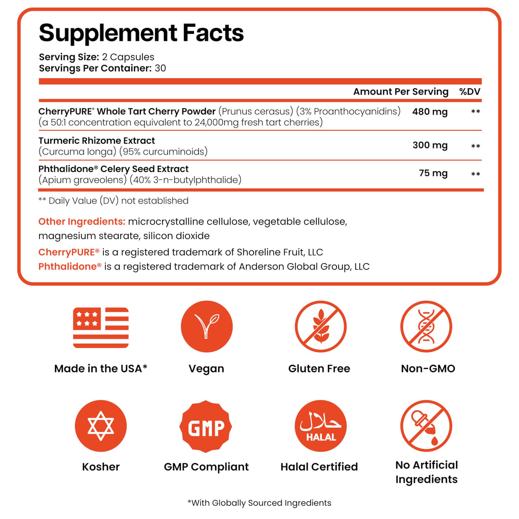 3 in 1 Uric Acid Flush Cleanse – Tart Cherry Extract with Turmeric & Celery Seed Supplement Purge - Feet and Joint Support - 60 Veggie Capsules