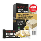 MUSASHI High Protein Bar, 44g Protein, 3.7g Total Sugars, Lemon Cheesecake, Post Workout and Protein Snack On The Go, 12 Pack of 3.2oz (90g) Bars