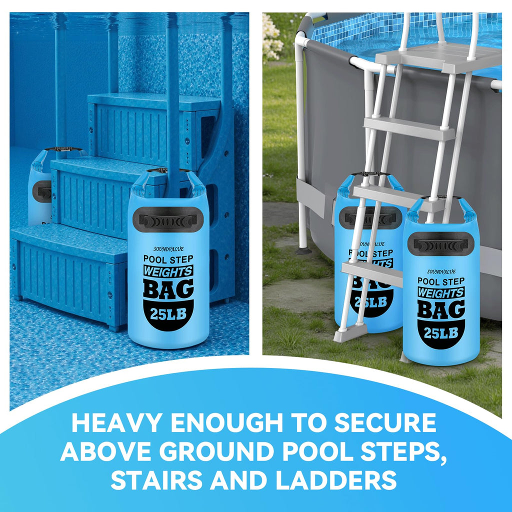 2 Pack 25lb Heavy Duty Pool Ladder Weights, Universal Above Ground Pool Step Sand Bags with Handles, 500D PVC Durable Waterproof & Foldable Sandbags for Swimming Pool Stairs (Sky Blue)