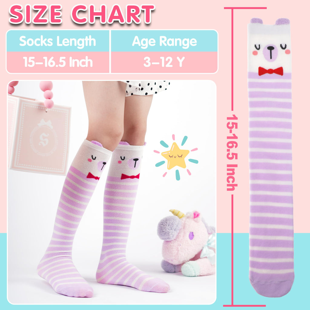 MOGGEI Kids Girls Knee High Socks Long Boot Crazy Silly Fun Gift Tall Funny Cute Animal Christmas Gift for 4 5 6 7 8 9 10 11 12 Year Old Girls Stocking Stuffers Socks 6 Pairs （Animal Pink Purple）
