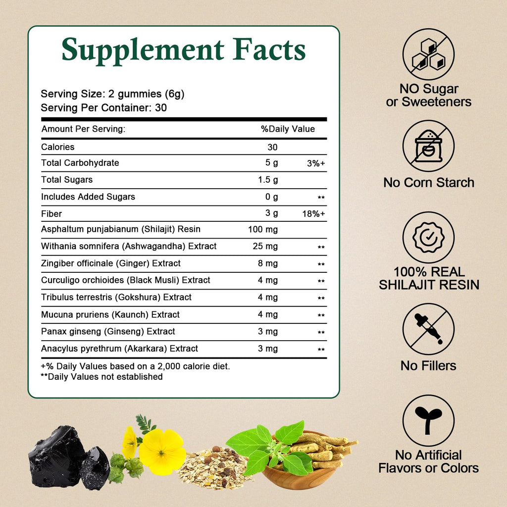 Shilajit Gummies for Men and Women, Himalayan Shilajit Gummies, 100% Natural Gold Grade Shilajit Riched with Ashwagandha Fulvic Acid & 85+ Trace Minerals, No Added Sugar, Vegan, Non-GMO - 60 Gummies