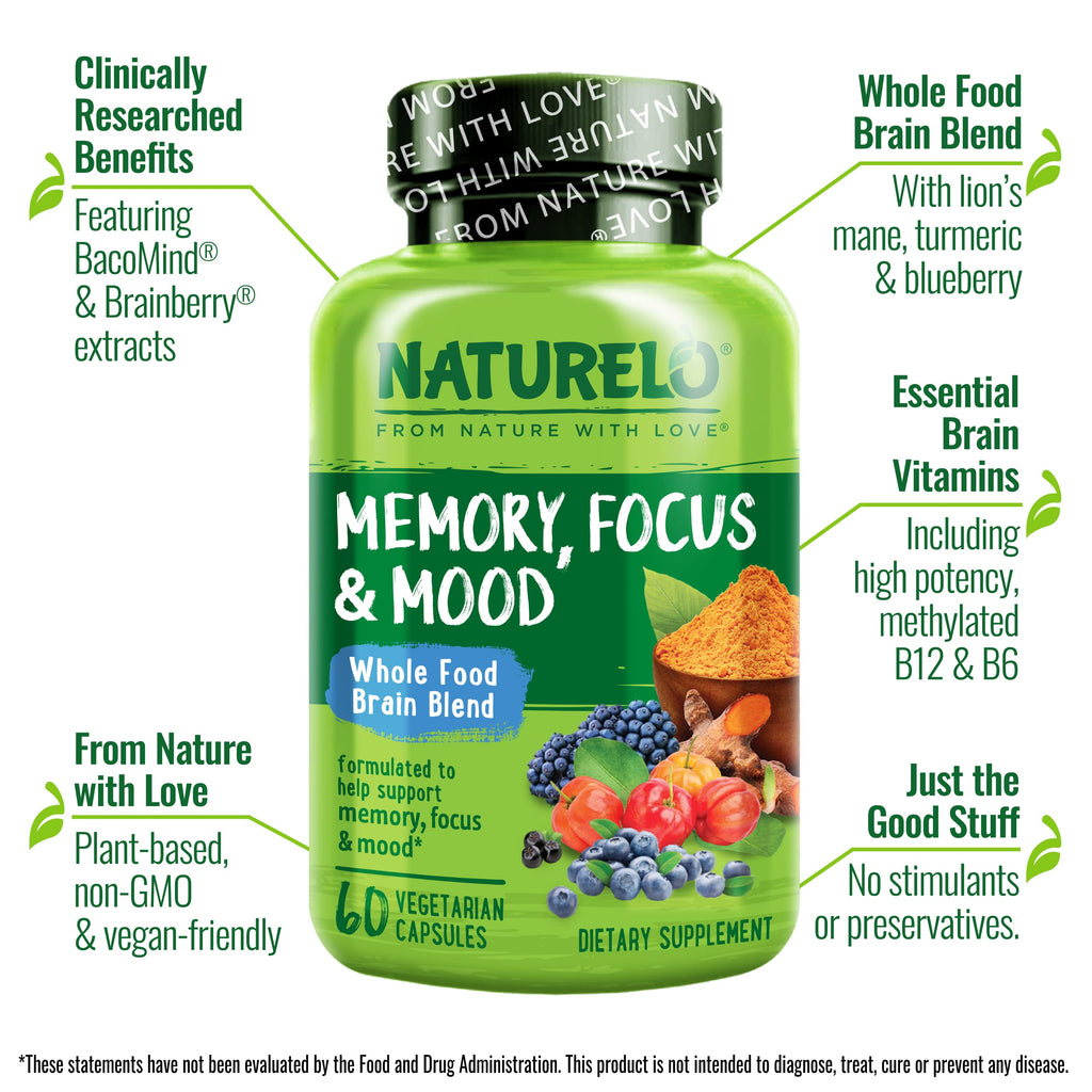 NATURELO Whole Food Brain Supplement - Brain Health Supplements for Memory & Focus Support - Enhance Brain Health Blend Supplement for Adults - 60 Vegetarian Capsules