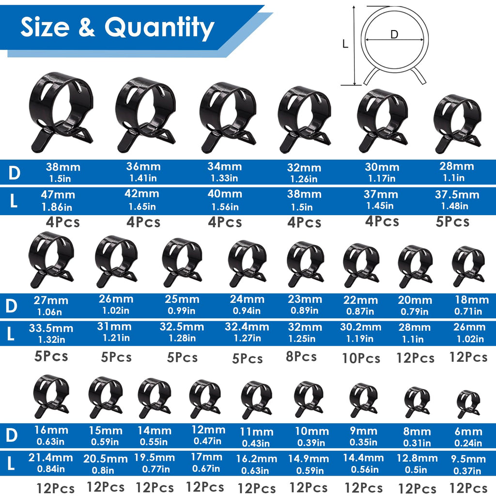 Tnisesm 195Pcs 6-38mm Spring Band Hose Clamps Assortment kits with Swivel Flat Fuel Hose Clamp Plier - 23 Sizes Silicone Vacuum Hose Pressure Air Clip Clamp